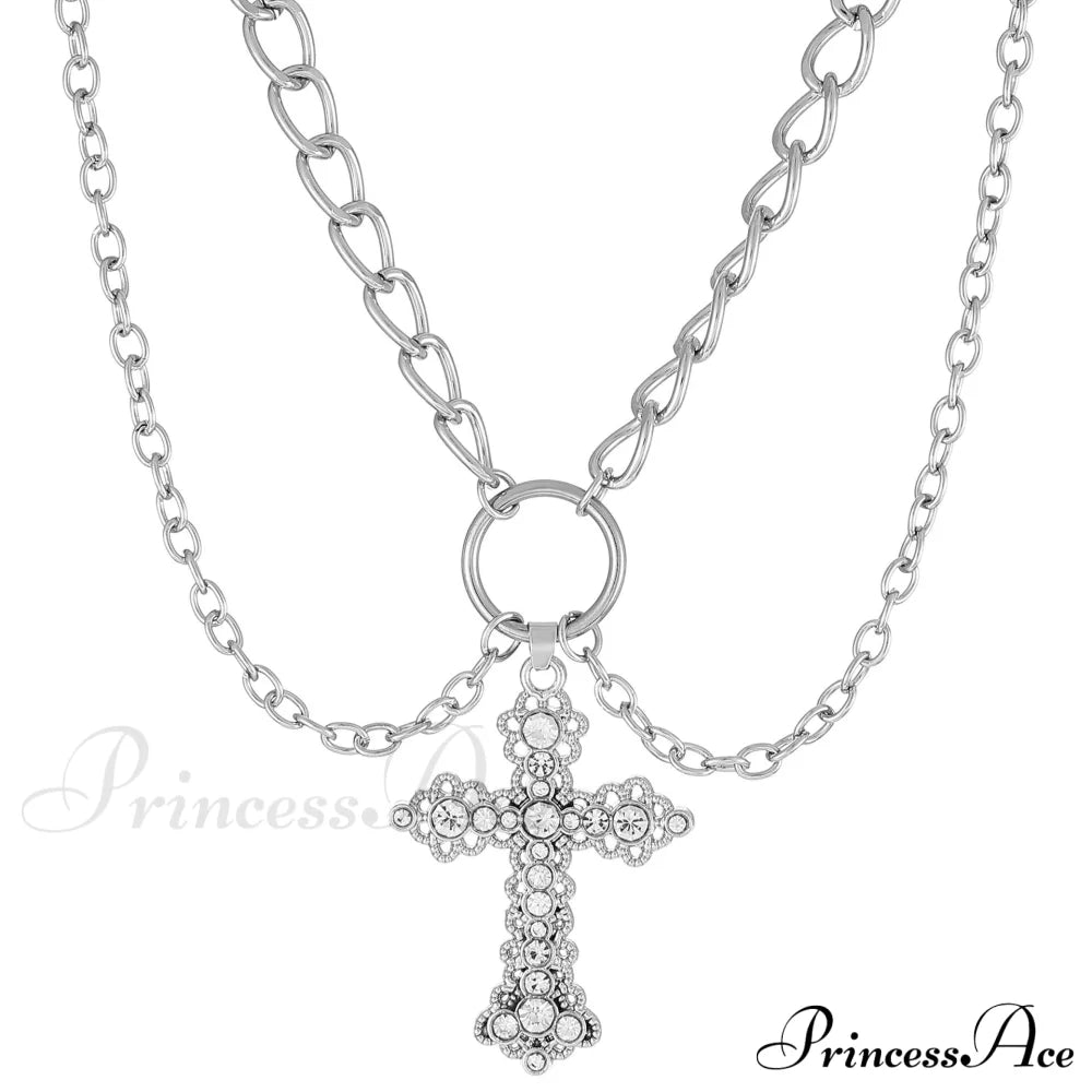 Ins Alloy Vintage Diamond Cross Pendant Necklace Silver Halloween