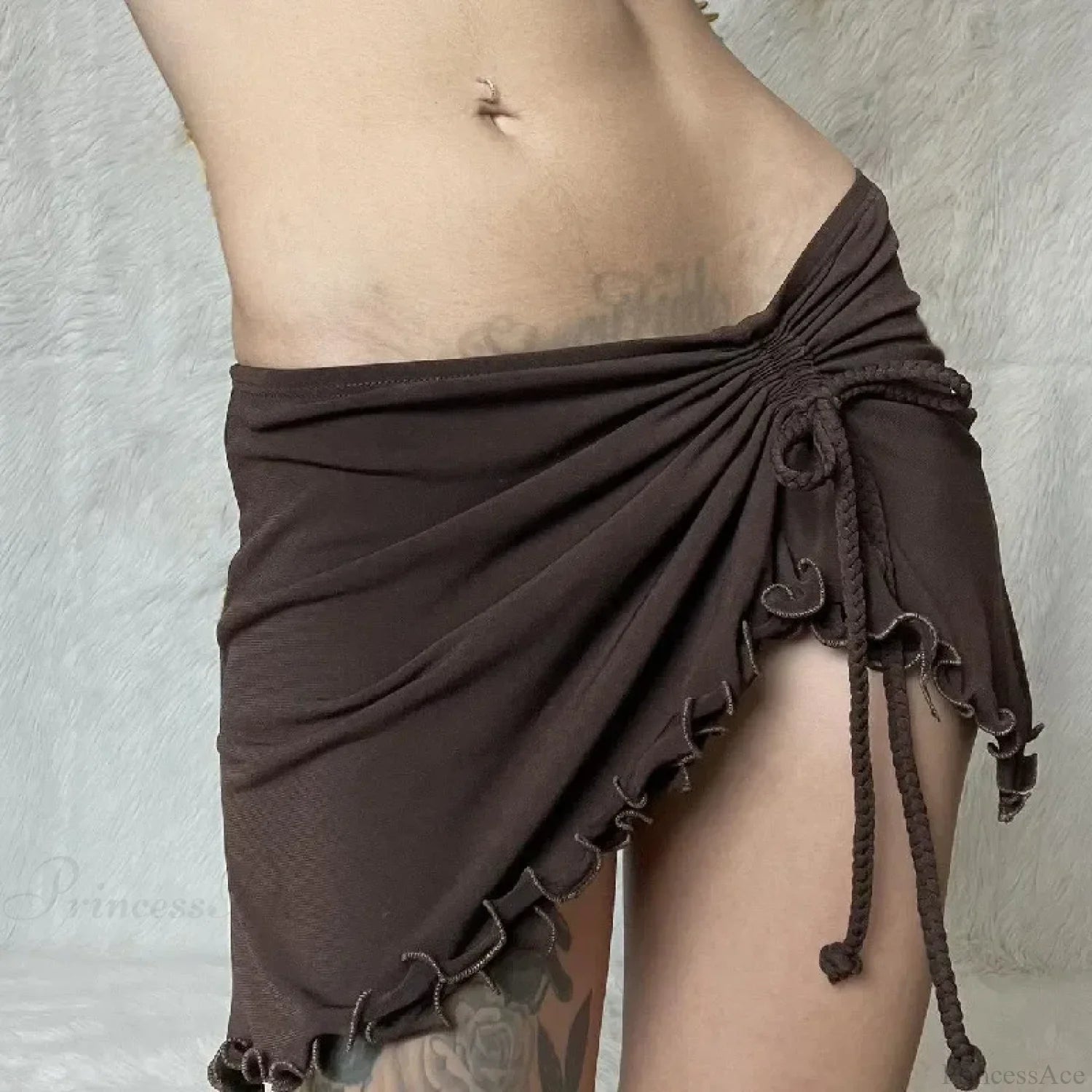Irregular Drawstring Bandage Skirt Dark Brown / S