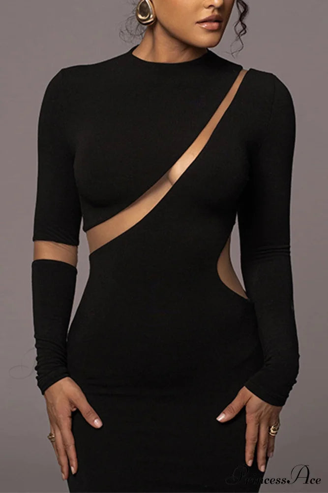 Irregular Slit Long Sleeve Dress Black / L Midi Dresses