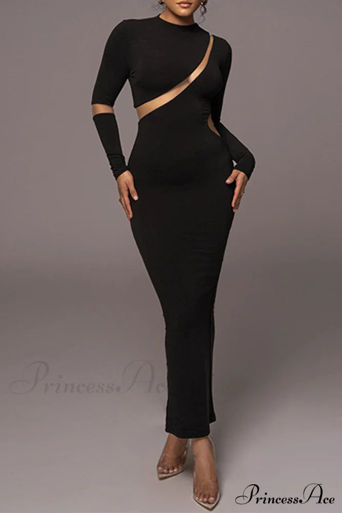 Irregular Slit Long Sleeve Dress Black / M Midi Dresses