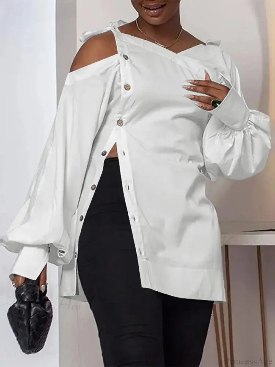 Irregular Solid Long Sleeve Off-Shoulder Blouse WHITE / S blouse-250126