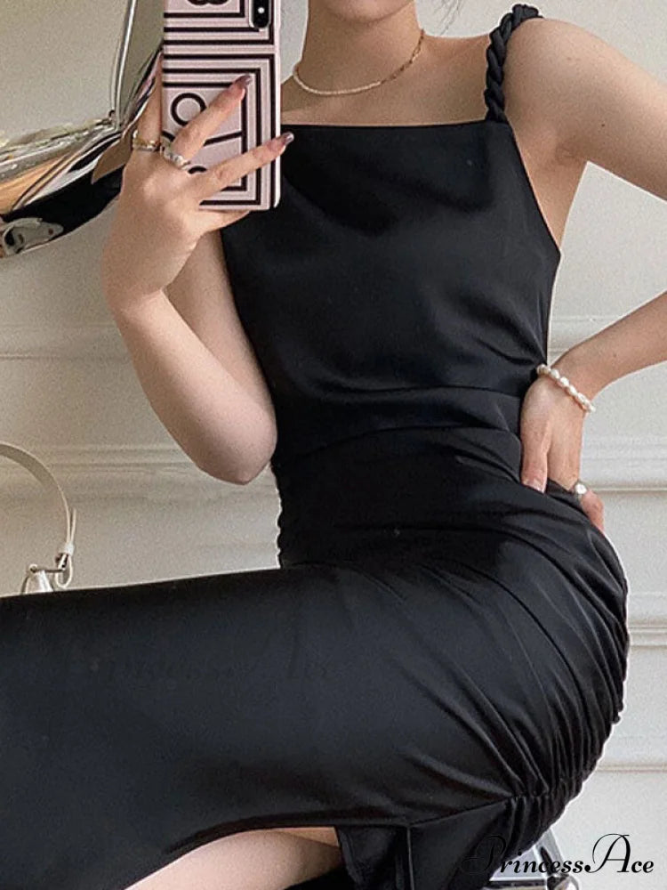 Irregular Split Graceful Sling Midi Dress Black / S Dresses