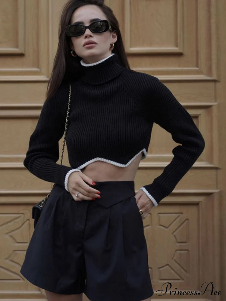 Women's turtleneck short sweater with irregular hem, crop top long sleeve turtle neck top Black Clothes crop top long sleeve shirts long sleeve top shirts Sweater sweaters