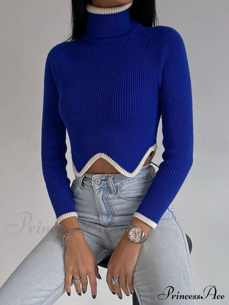 Women's turtleneck short sweater with irregular hem, crop top long sleeve turtle neck top Blue Clothes crop top long sleeve shirts long sleeve top shirts Sweater sweaters