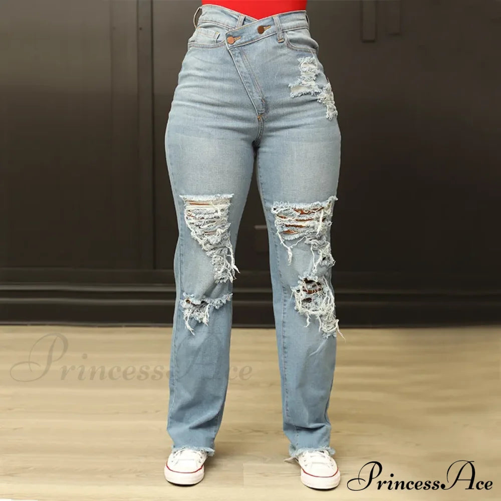 Irregular Waist Straight Leg High Street Loose Ripped Holes Casual Fashion Stretchy Jean