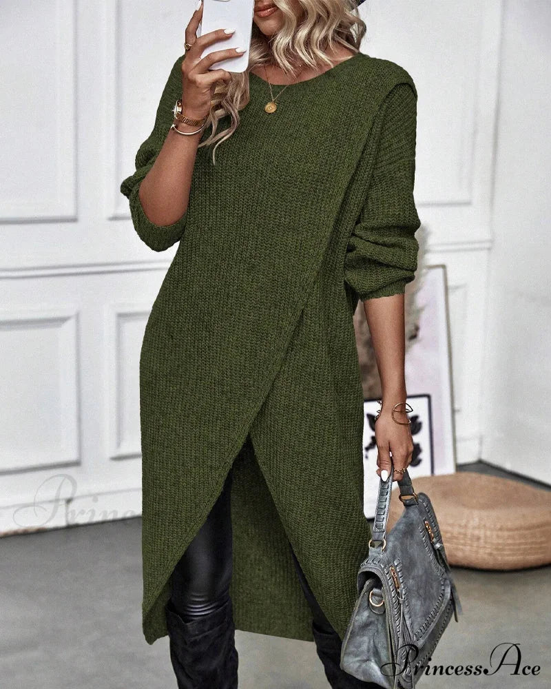 Irregular hem solid color sweater dress Green 2023 f/w 23BF Casual Dresses clothes sweater dresses Sweaters Tops/Blouses