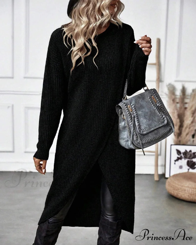 Irregular With Solid Color Sweater Dress Hem Sweaters-L