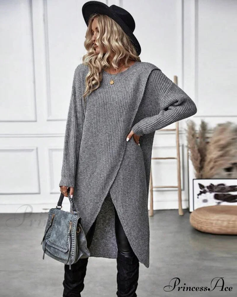 Irregular With Solid Color Sweater Dress Hem Sweaters-L