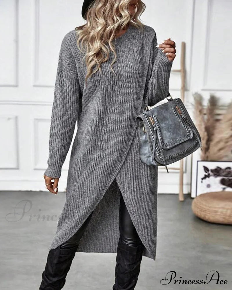 Irregular With Solid Color Sweater Dress Hem Sweaters-L