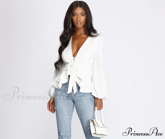 Irresistible Zip Front Ruffled Blouse White / S Casual Woven Jackets