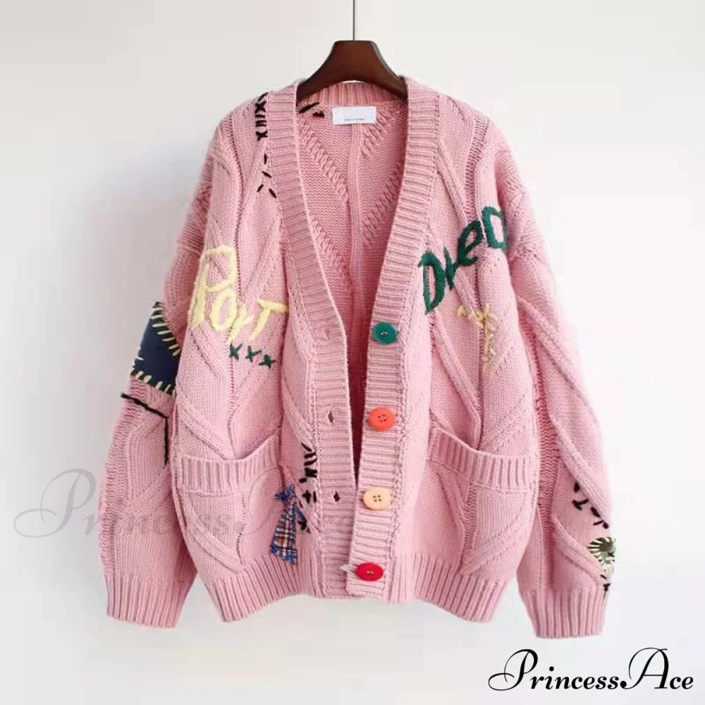 Jacket Loose Pocket Embroidery Fashion Knit Cardigan