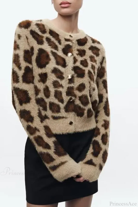 Jacquard Artificial Fur Leopard Pattern Cardigan Khaki / S