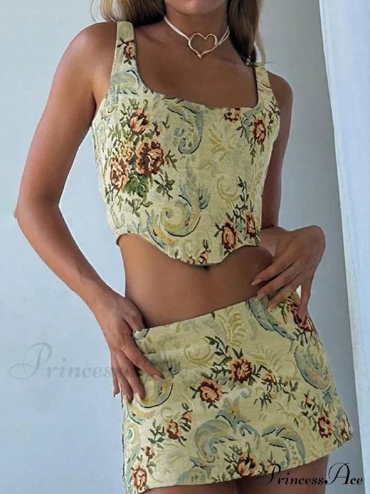 Jacquard Cable Knit Trendy Cropped Tank Top Apricot / S Two-Piece Outfits