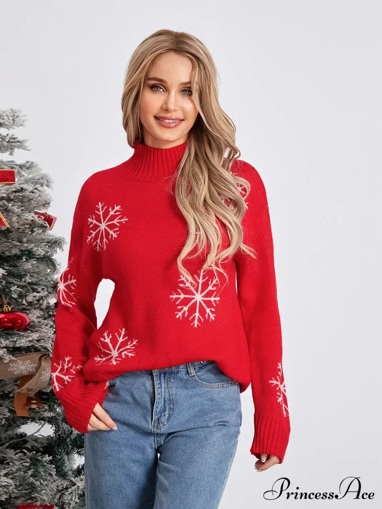 Jacquard Snowflake Long Sleeve Turtleneck Loose Knit Christmas Sweater Red / S Sweaters-L