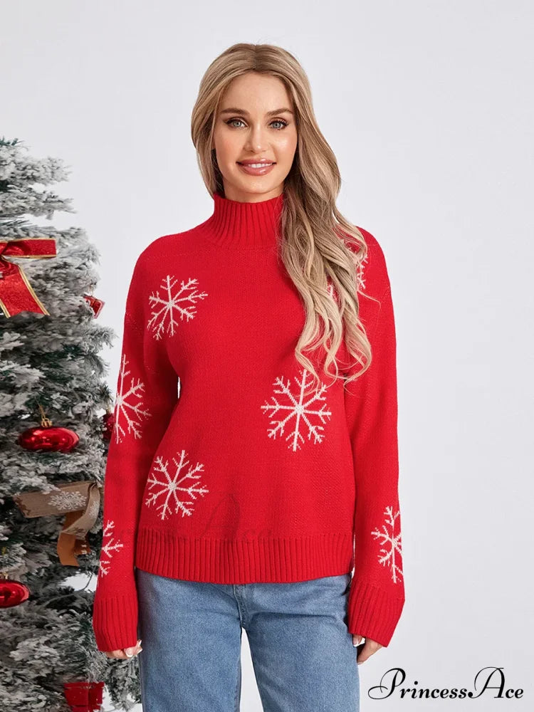 Jacquard Snowflake Long Sleeve Turtleneck Loose Knit Christmas Sweater Sweaters-L