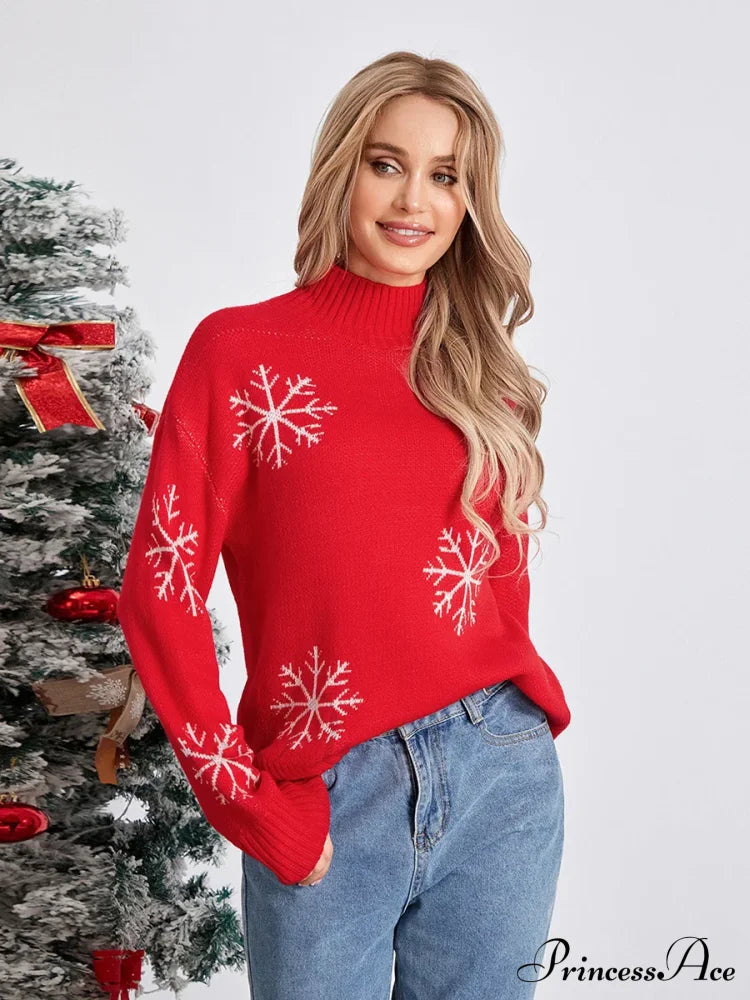 Jacquard Snowflake Long Sleeve Turtleneck Loose Knit Christmas Sweater Sweaters-L