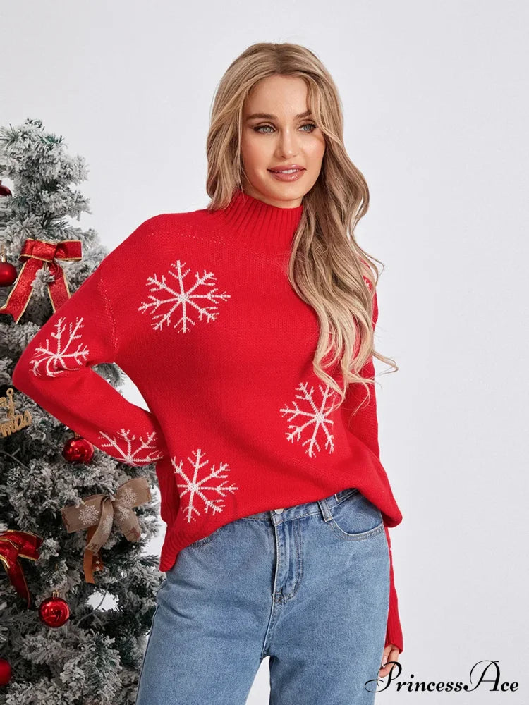 Jacquard Snowflake Long Sleeve Turtleneck Loose Knit Christmas Sweater Sweaters-L