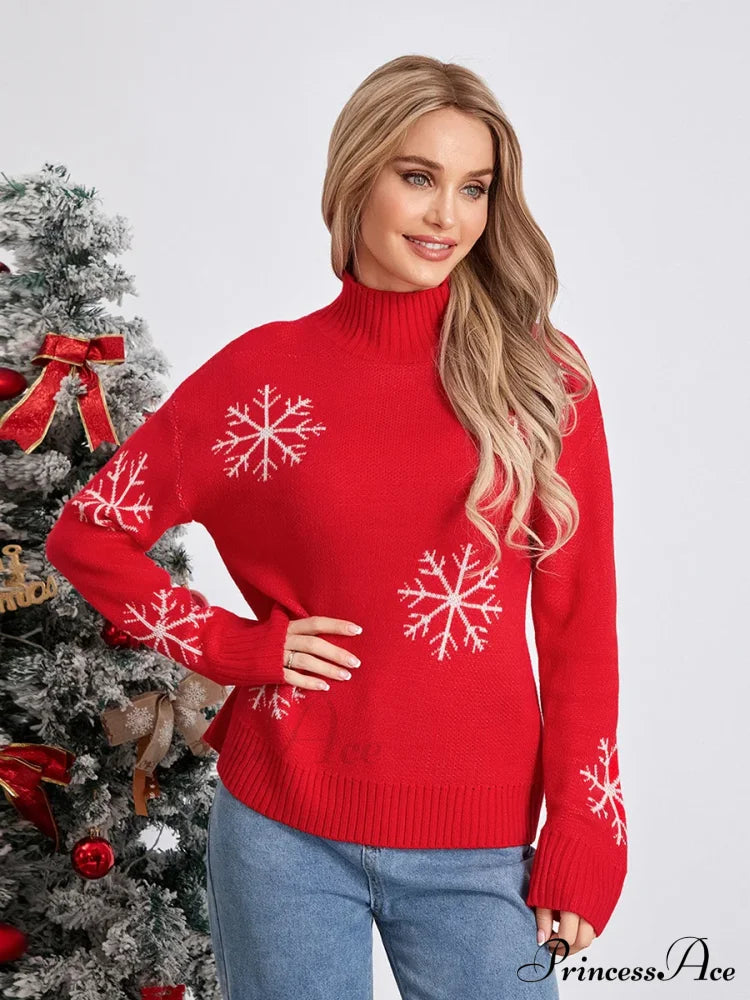 Jacquard Snowflake Long Sleeve Turtleneck Loose Knit Christmas Sweater Sweaters-L