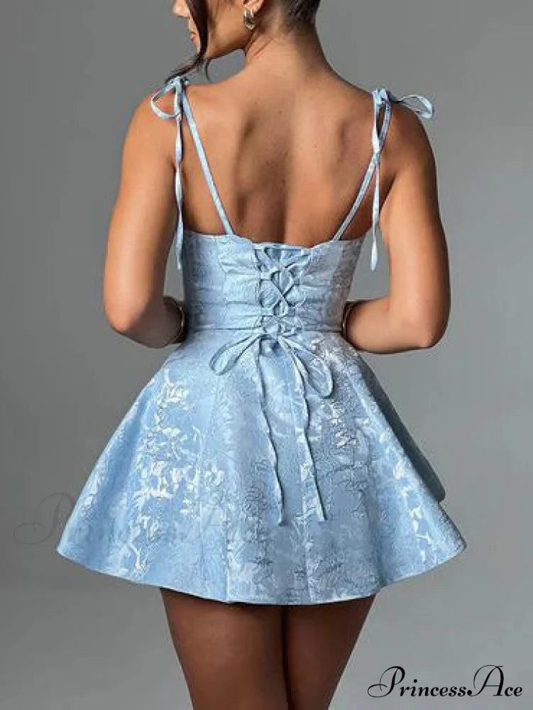 Jacquard Texture Suspender Charming Slimming A-Hem Mini Dress Light Blue / L Dresses