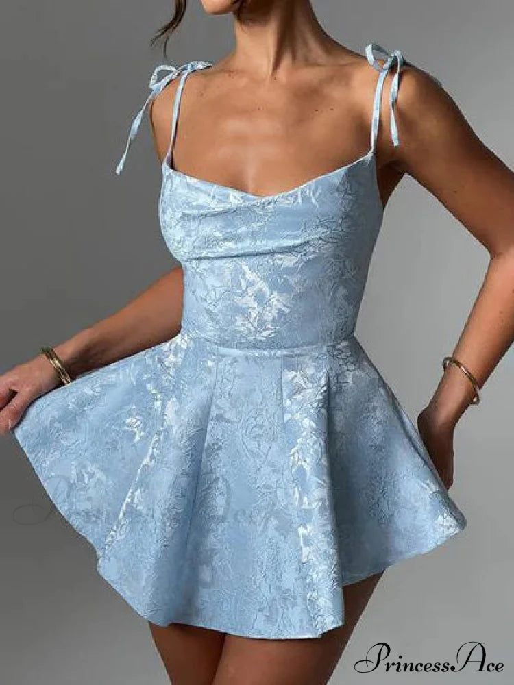 Jacquard Texture Suspender Charming Slimming A-Hem Mini Dress Light Blue / M Dresses