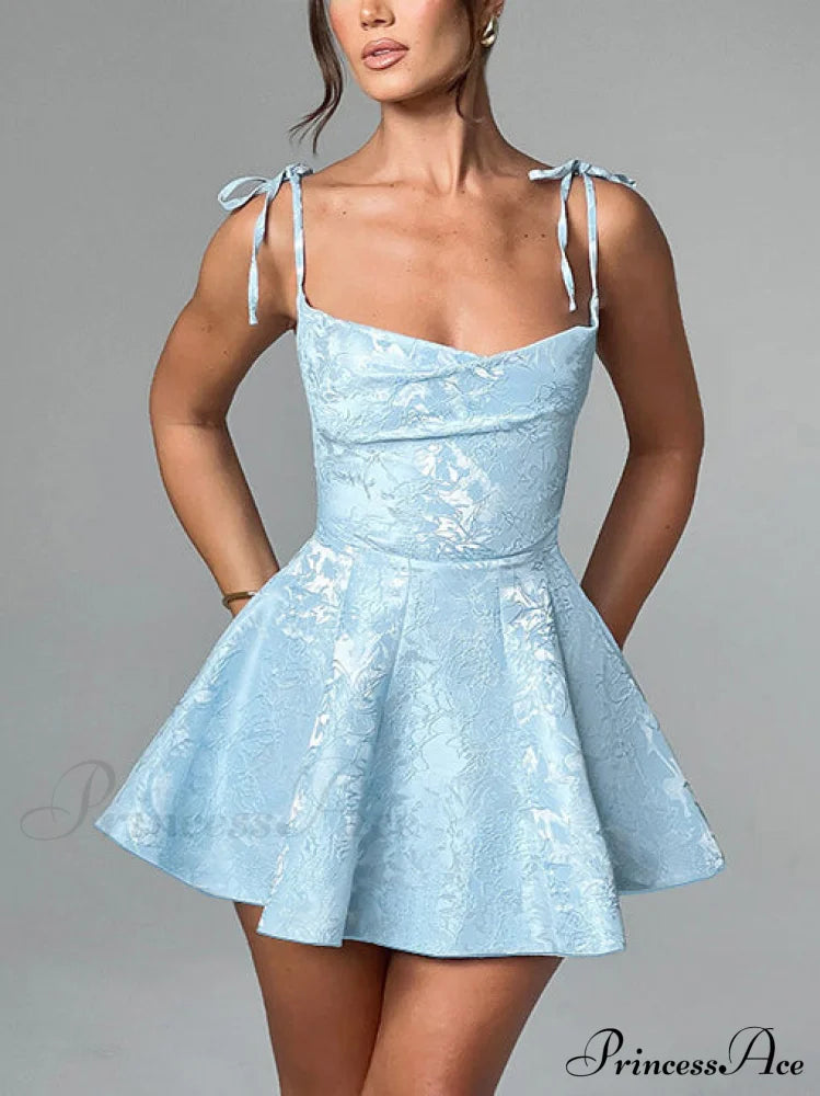 Jacquard Texture Suspender Charming Slimming A-Hem Mini Dress Light Blue / S Dresses