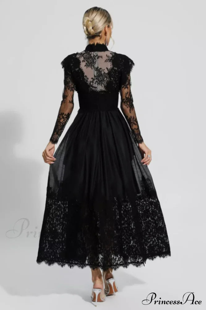 Jamie Black Floral Charming Lace Stitching Dress