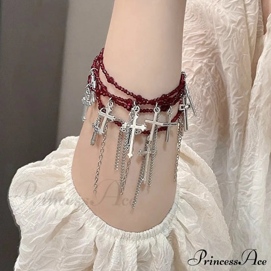 Japanese Dark Cross Layered Tassel Red Beaded Punk Choker Necklace Halloween