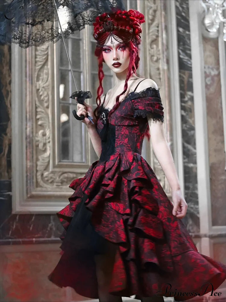 Japanese Gothic Style Red Black Halloween Off-Shoulder Court Wave Autumn Dark High-Waist Lolita