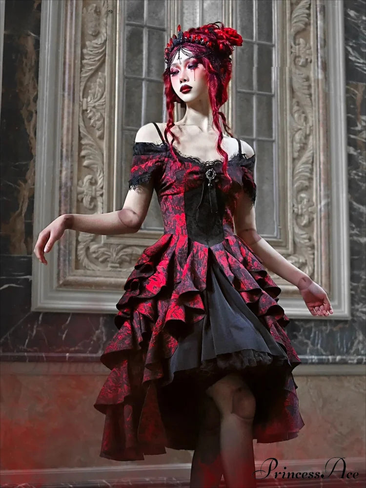 Japanese Gothic Style Red Black Halloween Off-Shoulder Court Wave Autumn Dark High-Waist Lolita