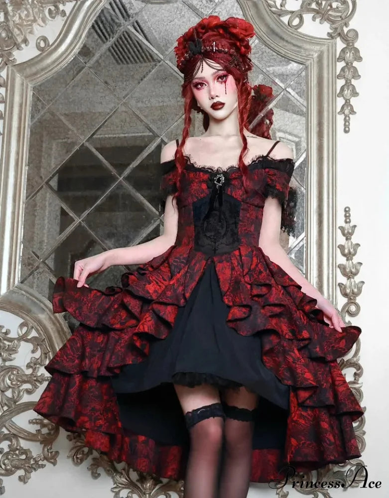 Japanese Gothic Style Red Black Halloween Off-Shoulder Court Wave Autumn Dark High-Waist Lolita