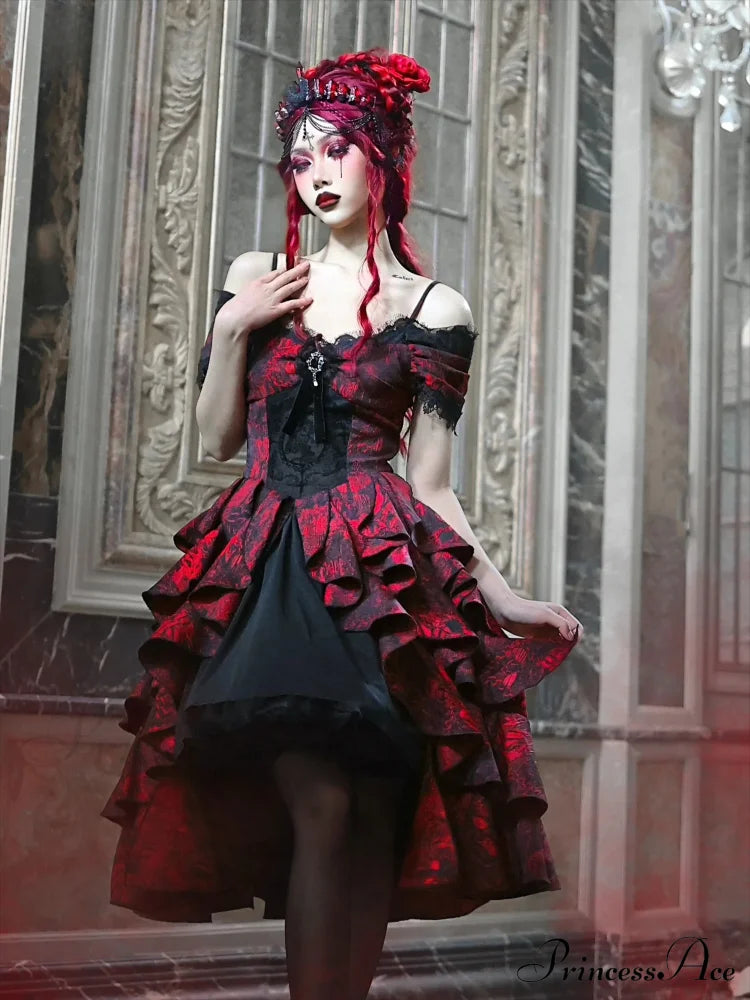 Japanese Gothic Style Red Black Halloween Off-Shoulder Court Wave Autumn Dark High-Waist Lolita