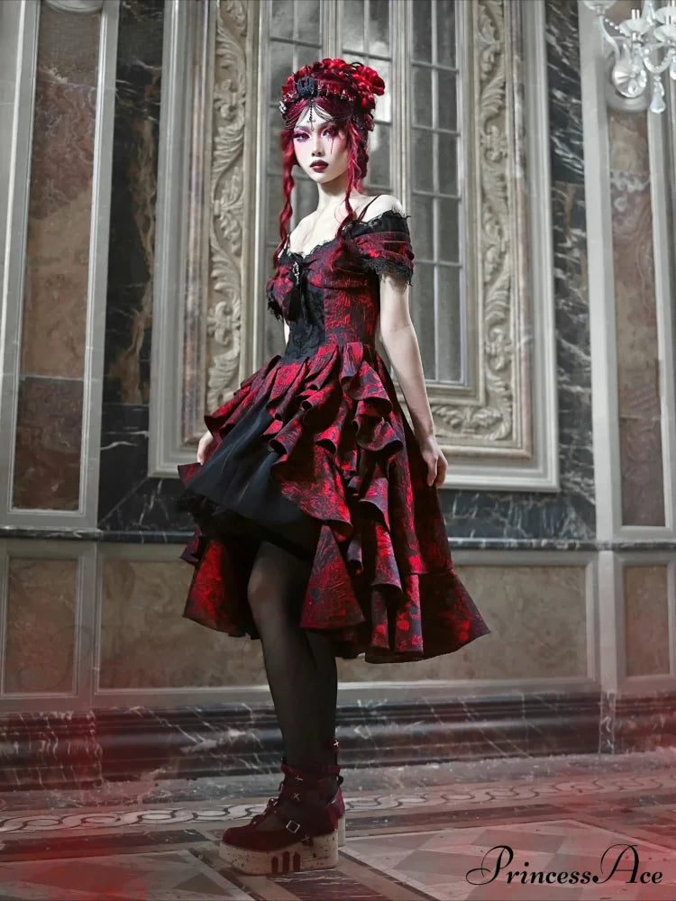 Japanese Gothic Style Red Black Halloween Off-Shoulder Court Wave Autumn Dark High-Waist Lolita