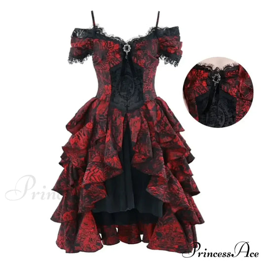 Japanese Gothic Style Red Black Halloween Off-Shoulder Court Wave Autumn Dark High-Waist Lolita