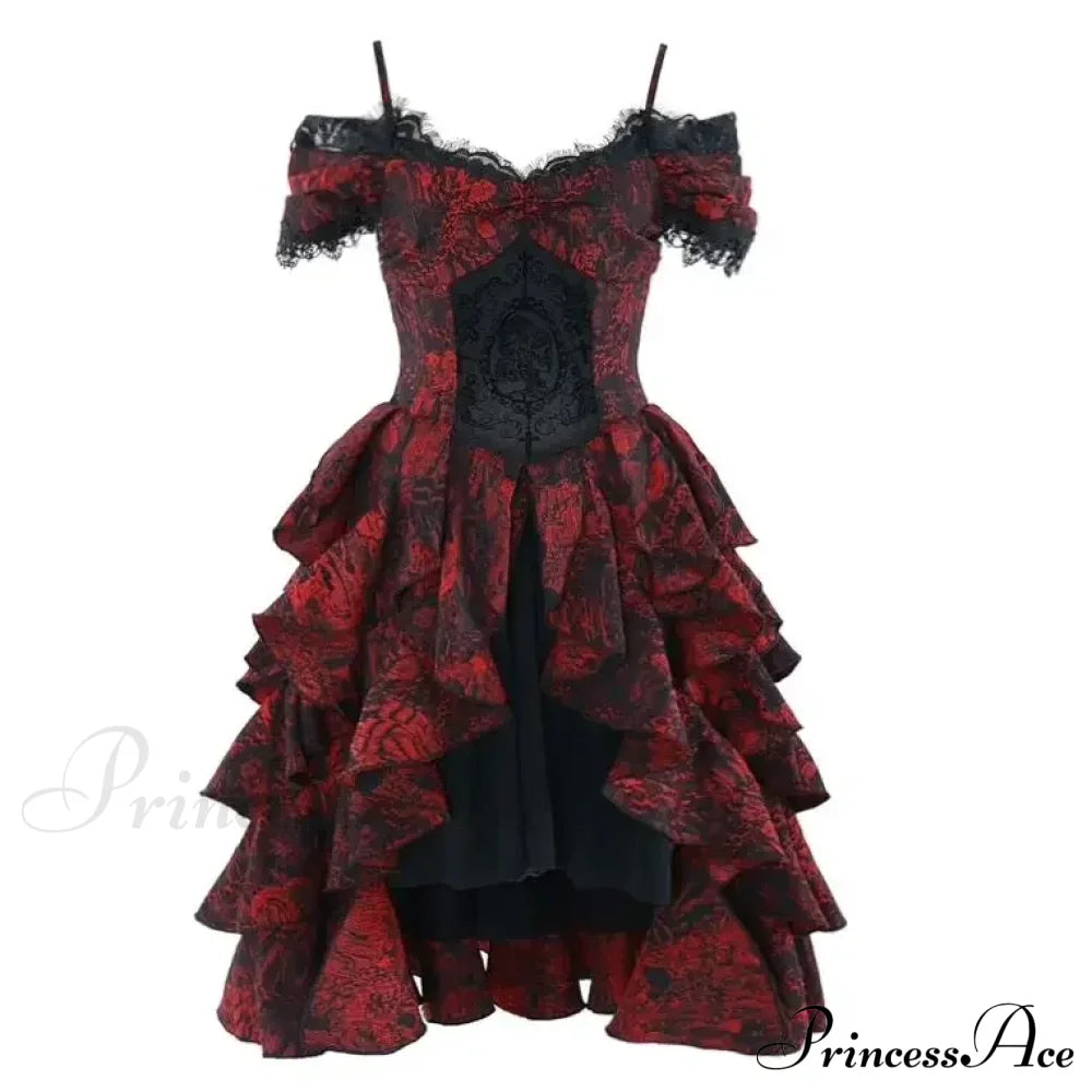 Japanese Gothic Style Red Black Halloween Off-Shoulder Court Wave Autumn Dark High-Waist Lolita