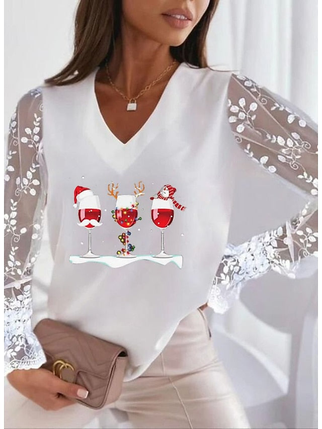 Lace Women's Patchwork Silver Maroon Reindeer Christmas Peach Trim Tee