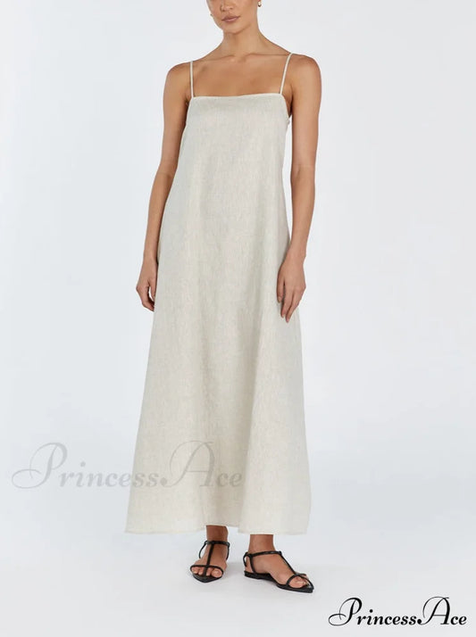 Jem Natural Stylish Linen Maxi Dress S / White Dresses