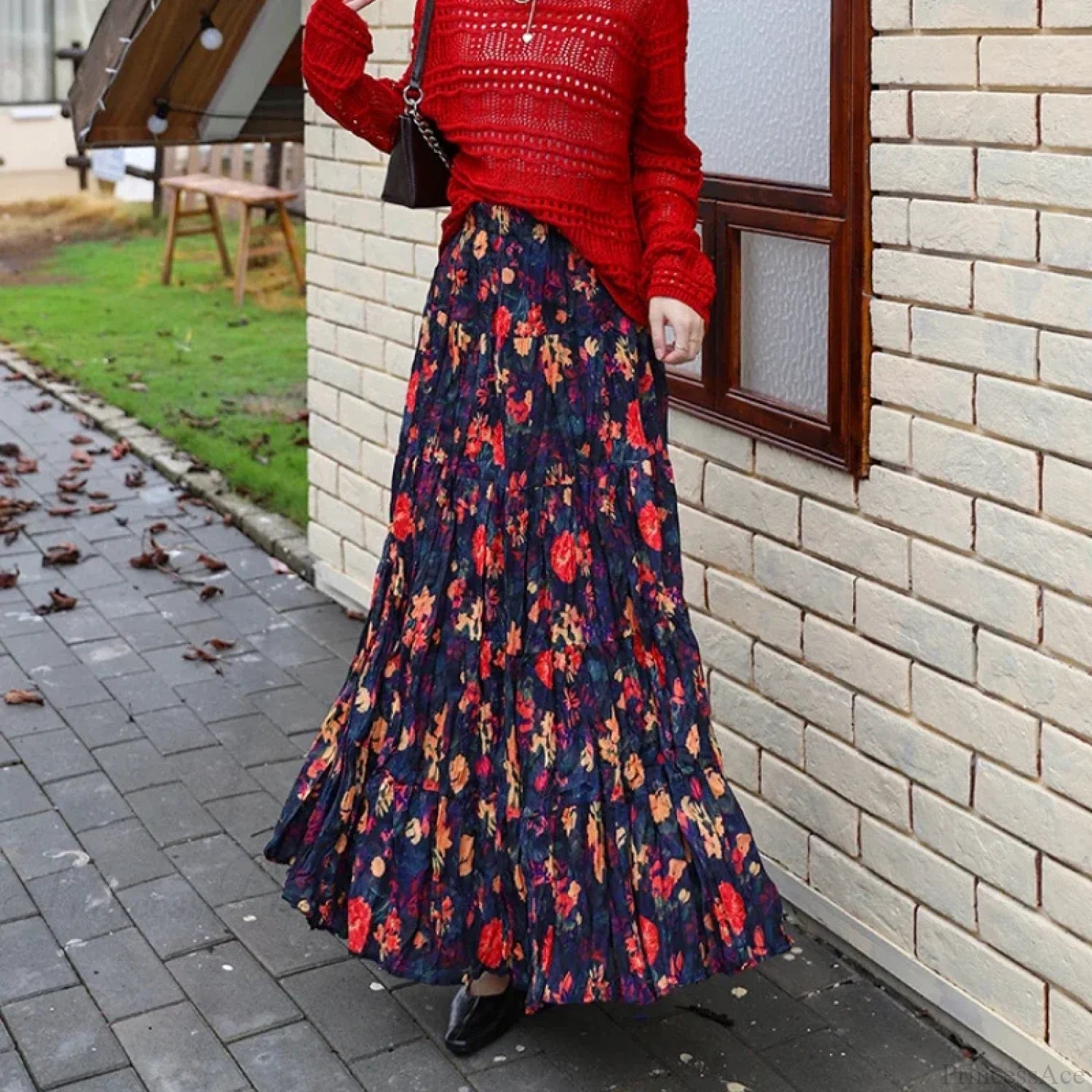 Kawaii Bohemian Floral Maxi Skirt Summer Retro Romantic black red / One Size skirt-250126