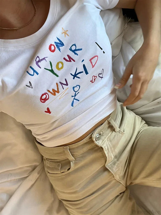 Kawaii Letter Print Crop Top T-shirt white02 / S t-shirt-250223