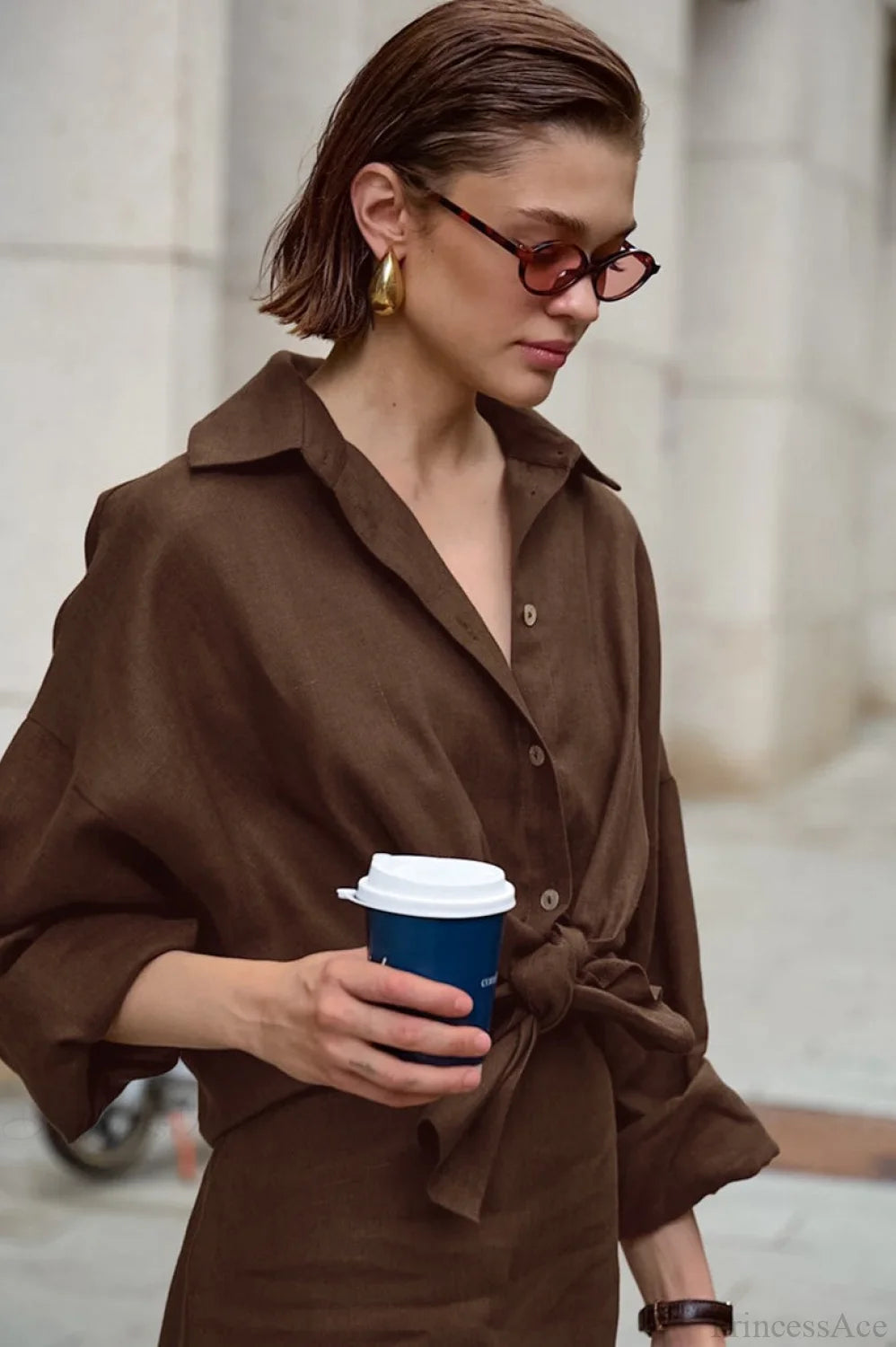 Khaki Cotton Linen Relaxed Long Sleeve Two Piece Set