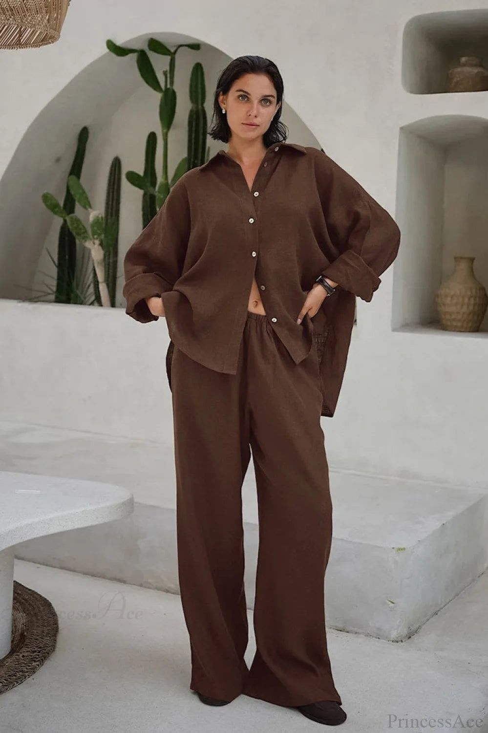 Khaki Cotton Linen Relaxed Long Sleeve Two Piece Set
