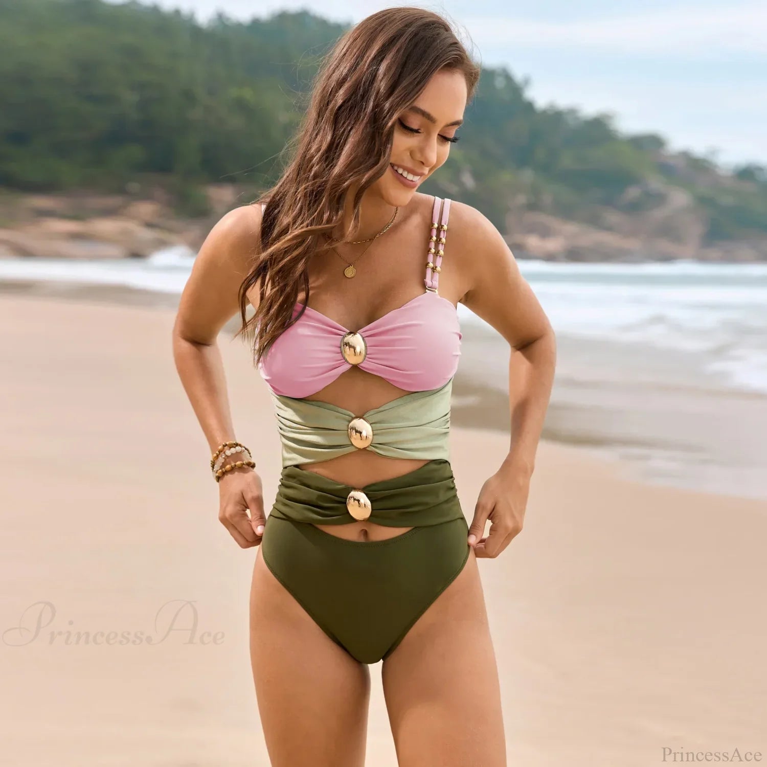 Khaki Metal Buckle Pleate One Piece Swimsuit Pink / S onepiece-250223