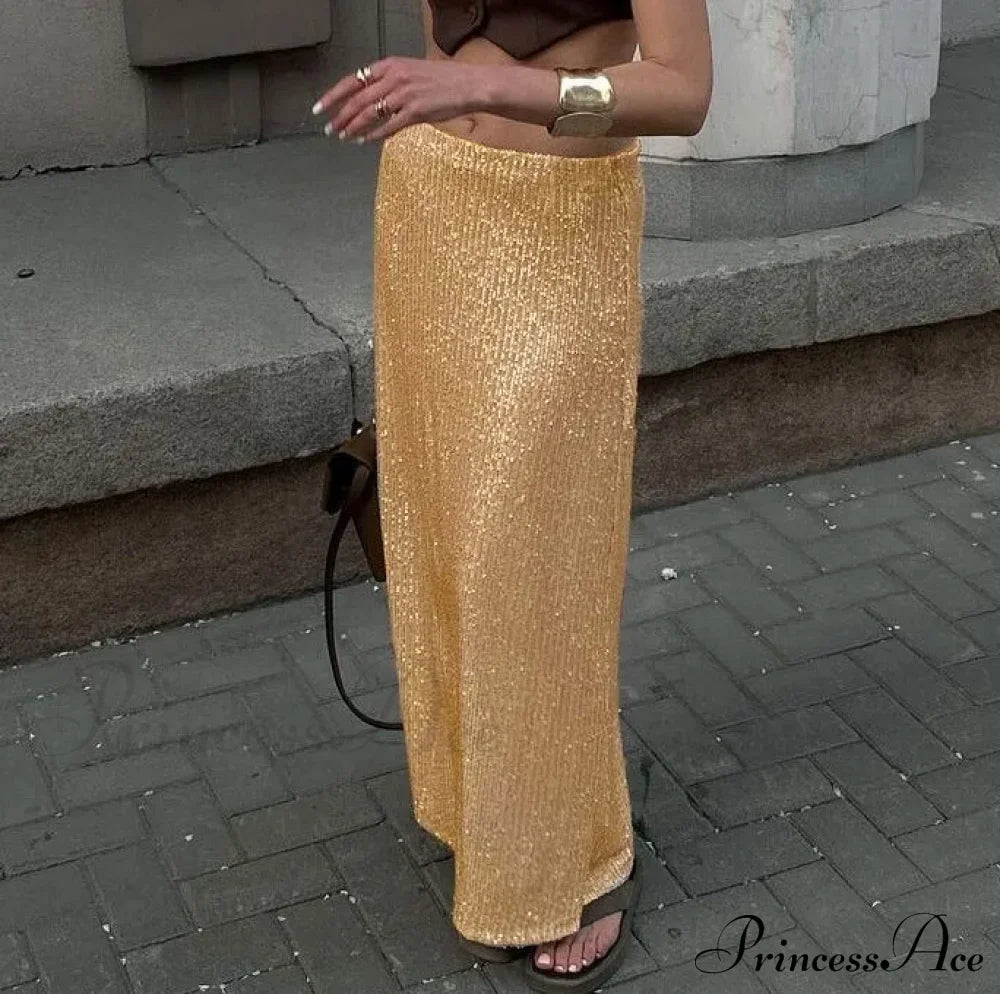 Khaki Sequins Long High Waist Slit Skirt