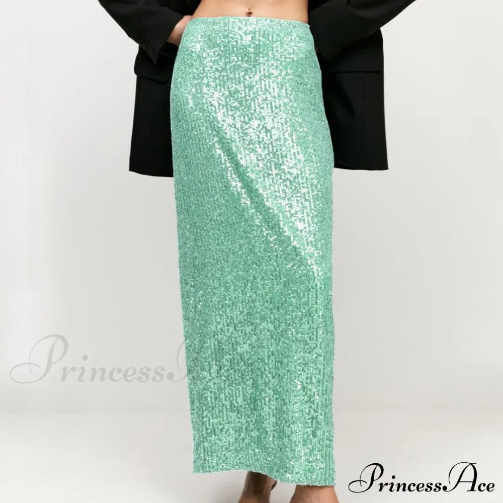 Khaki Sequins Long High Waist Slit Skirt Green / S