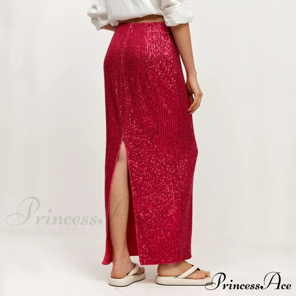 Khaki Sequins Long High Waist Slit Skirt Red / S