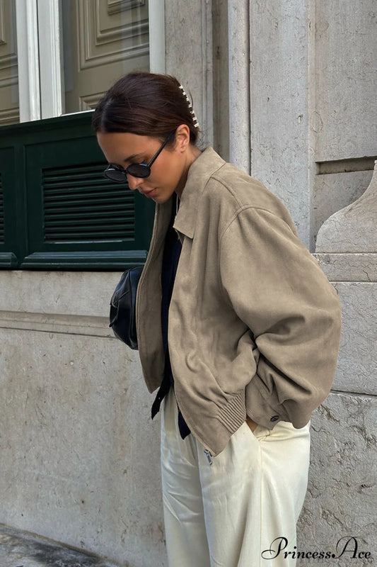 Khaki Suede Collared Oversized Retro Coat Khaki / S