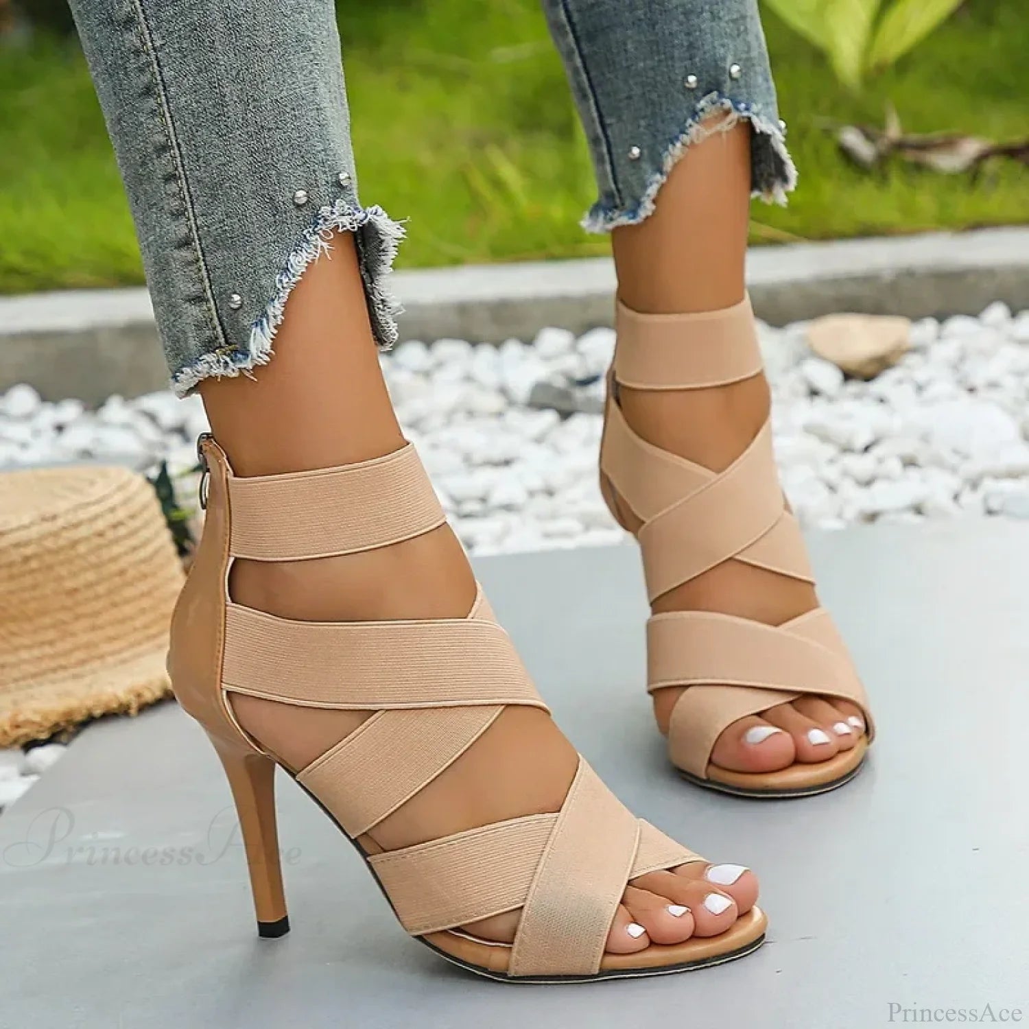 Khaki Super High Heel Sandals Sexy Open Toes Elastic Broadband Zipper Gladiator Party Wedding