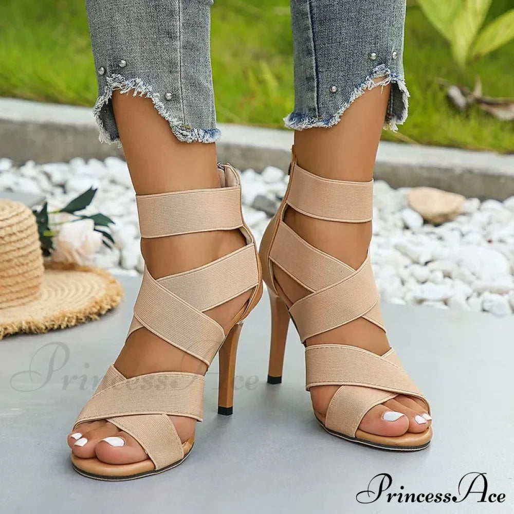 Khaki Super High Heel Sandals Sexy Open Toes Elastic Broadband Zipper Gladiator Party Wedding