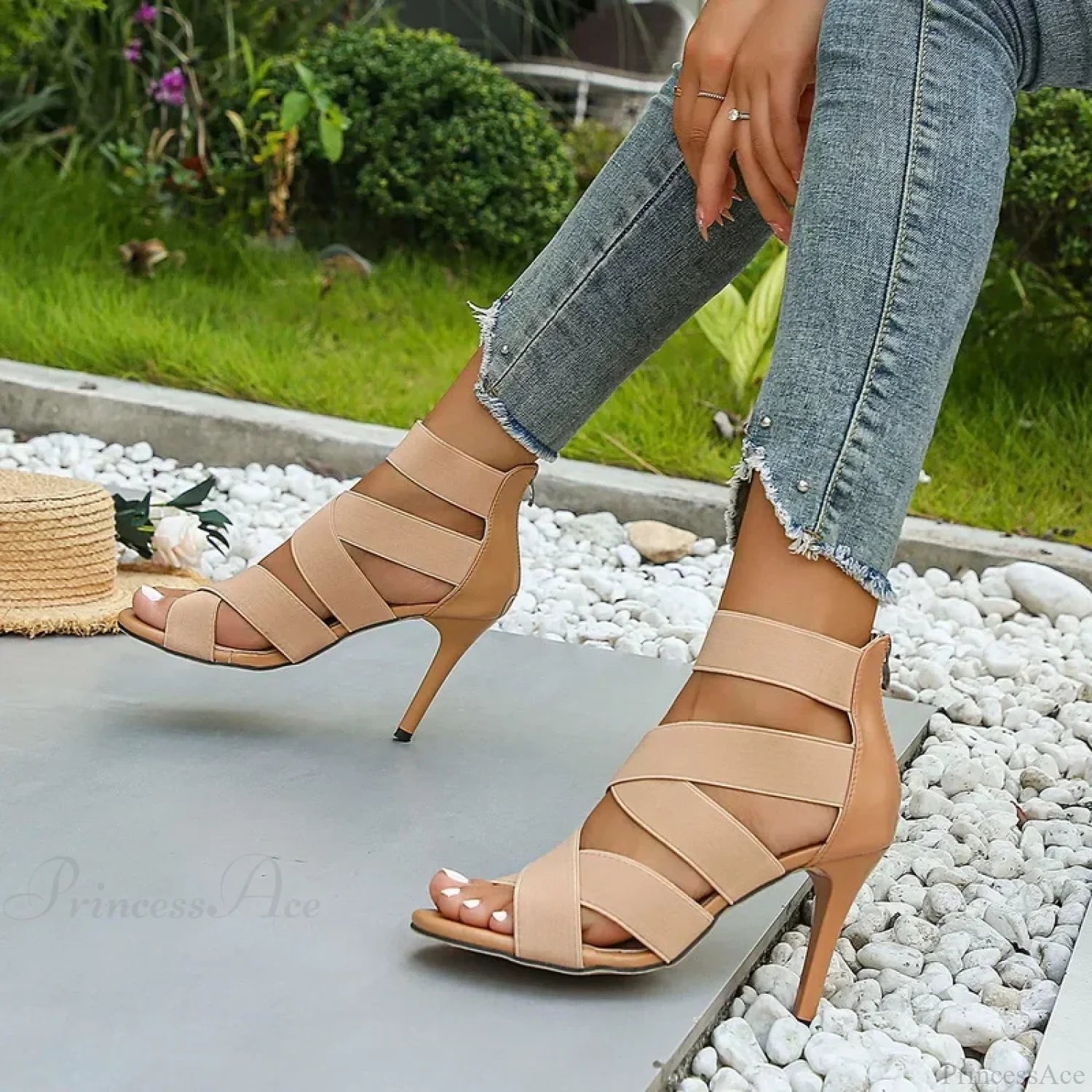 Khaki Super High Heel Sandals Sexy Open Toes Elastic Broadband Zipper Gladiator Party Wedding