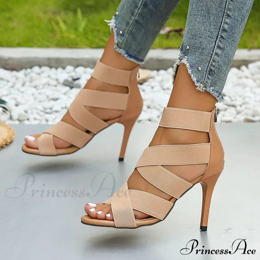 Khaki Super High Heel Sandals Sexy Open Toes Elastic Broadband Zipper Gladiator Party Wedding