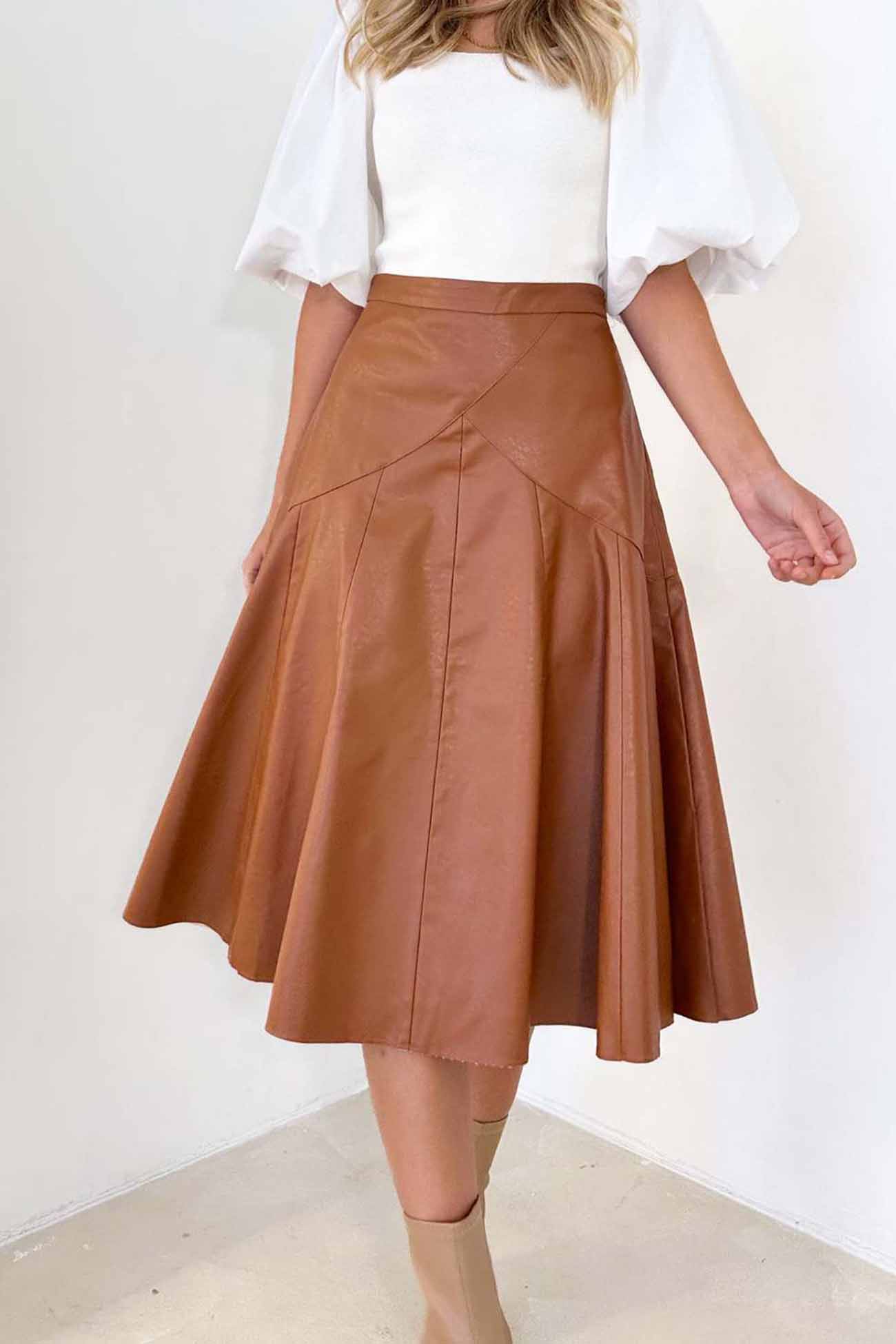 High Waist Pleated Midi Skirt crafted from Leather